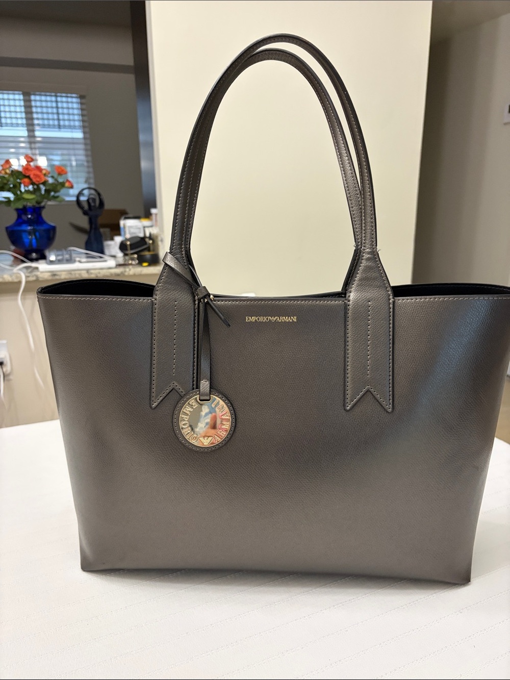 Emporio Armani Dark Brown Saffiano Tote with Logo Charm